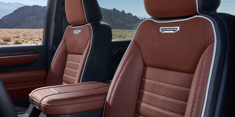 GMC truck front seats with premium brown leather upholstery